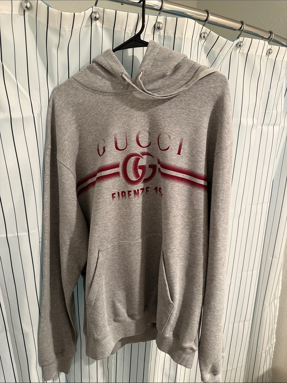 Gucci Gray Hoodie with Maroon Logo Stripes